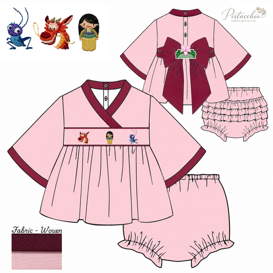 A flat illustration of a children's two-piece outfit set on a white background, showing a light pink short-sleeve top with dark burgundy trim and a matching ruffled bloomers piece. The top has a horizontal band with small cartoon character prints and a large dark burgundy bow on the back view.