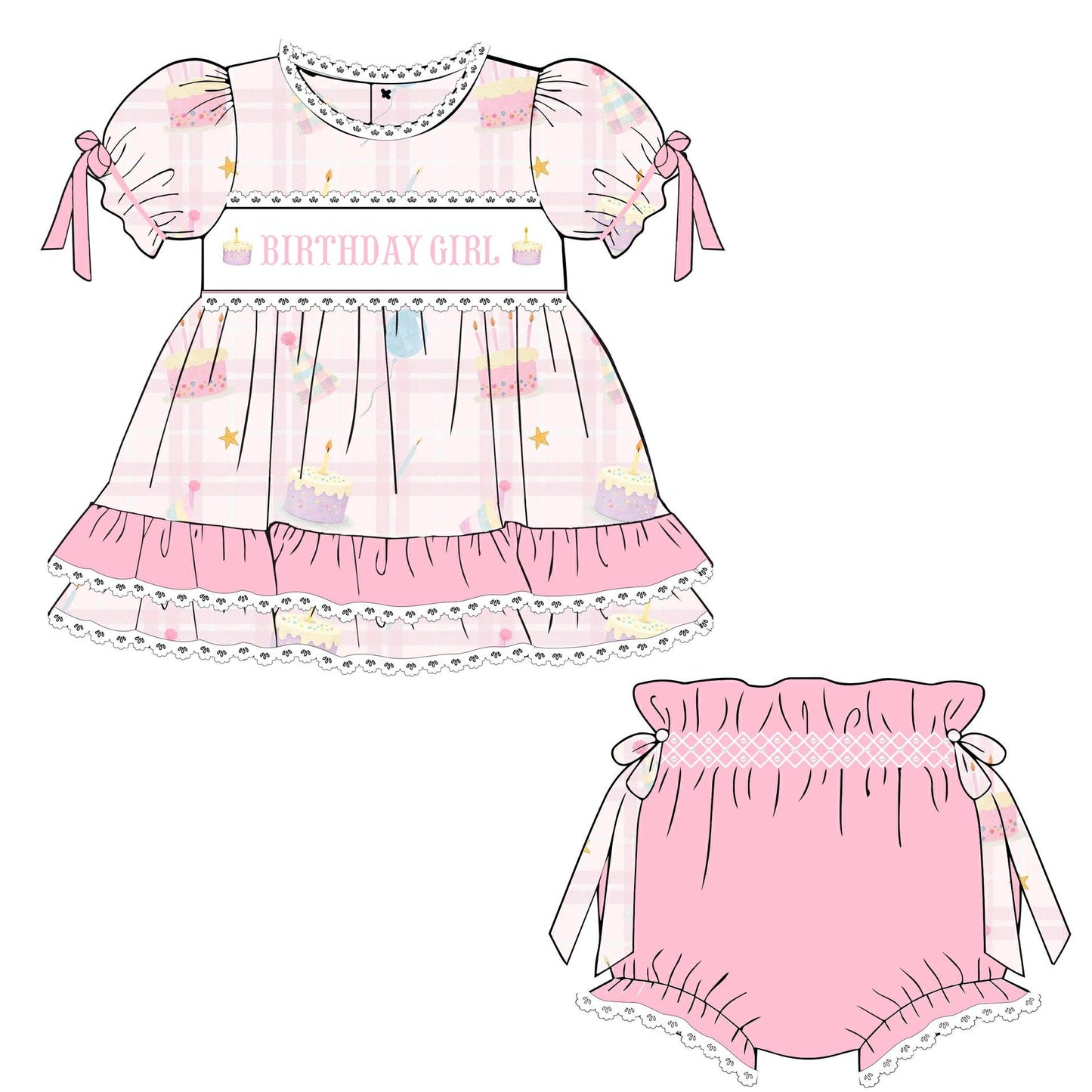 Children's pink dress with 'Birthday Girl' text and matching bloomers on a white background