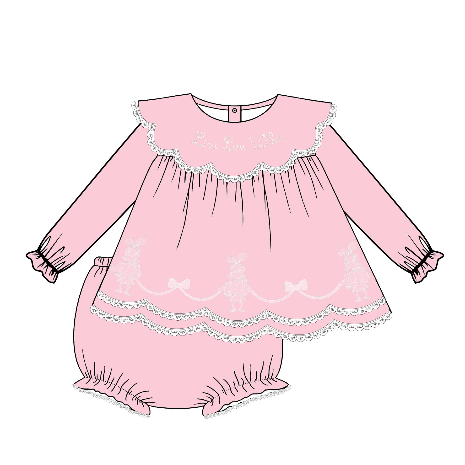 Pink baby dress with lace details on a white background
