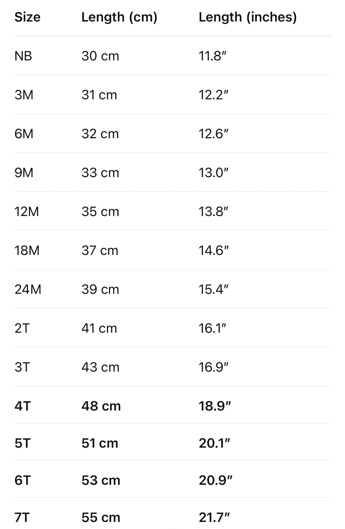A size chart table showing sizes from NB to 7T with corresponding lengths in centimeters and inches.