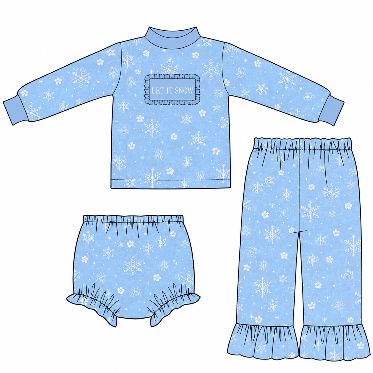 A children's three-piece pajama set shown as a flat vector illustration on a white background. The set includes a light blue long-sleeve mock-neck top with a white snowflake and flower pattern, a matching snowflake-print diaper cover, and matching wide-leg pants with ruffled hems.