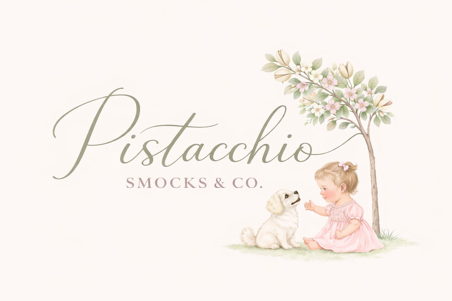 Logo of Pistacchio Smocks & Co. featuring a child and dog under a tree.