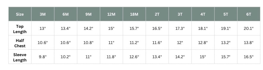 Size chart for top, half chest, and sleeve lengths in inches for various baby sizes.