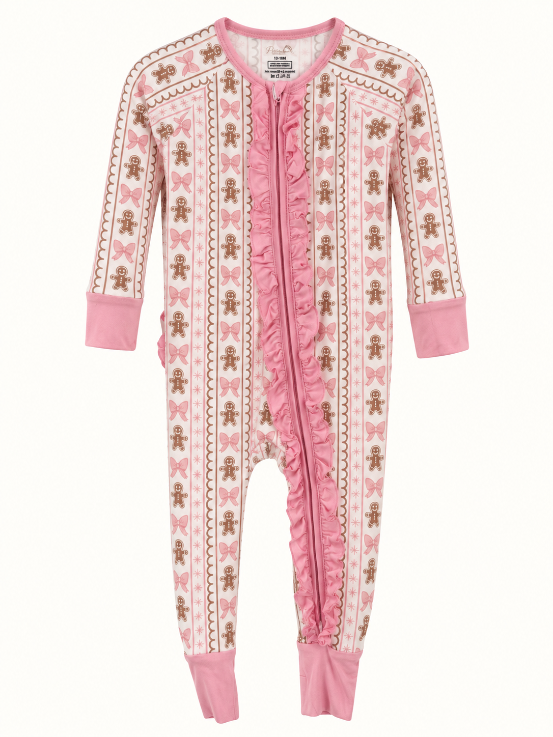 A baby's long-sleeve footless zip-up sleeper in pink and cream, decorated with a pattern of gingerbread men and bows, shown against a plain white background.