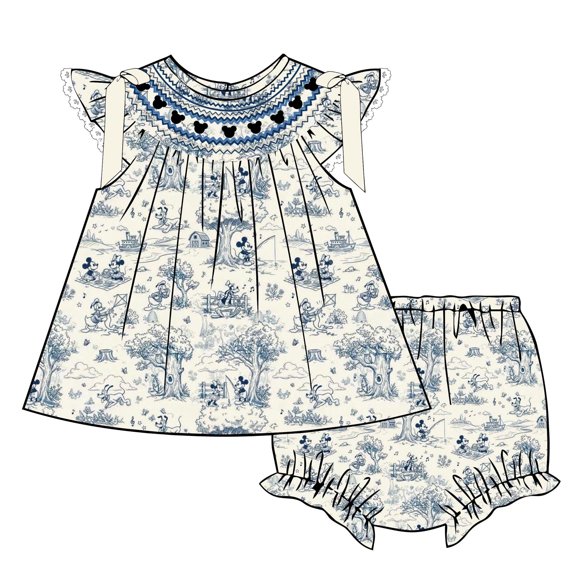 Children's outfit with blue and white pattern on a white background