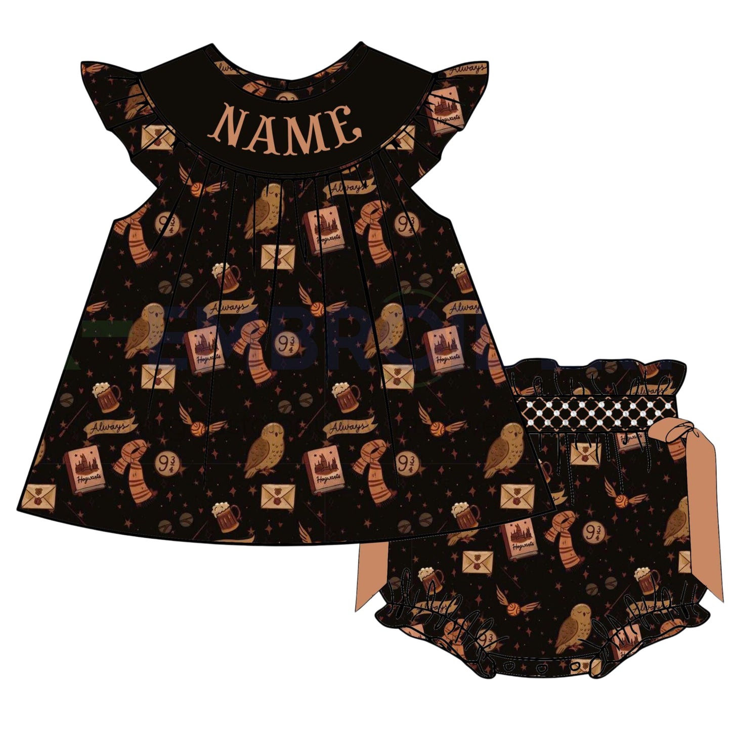 Baby dress and bloomers set with Harry Potter-themed pattern on a white background