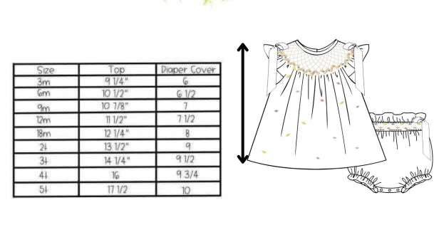 Baby dress with bloomers and size chart on a white background
