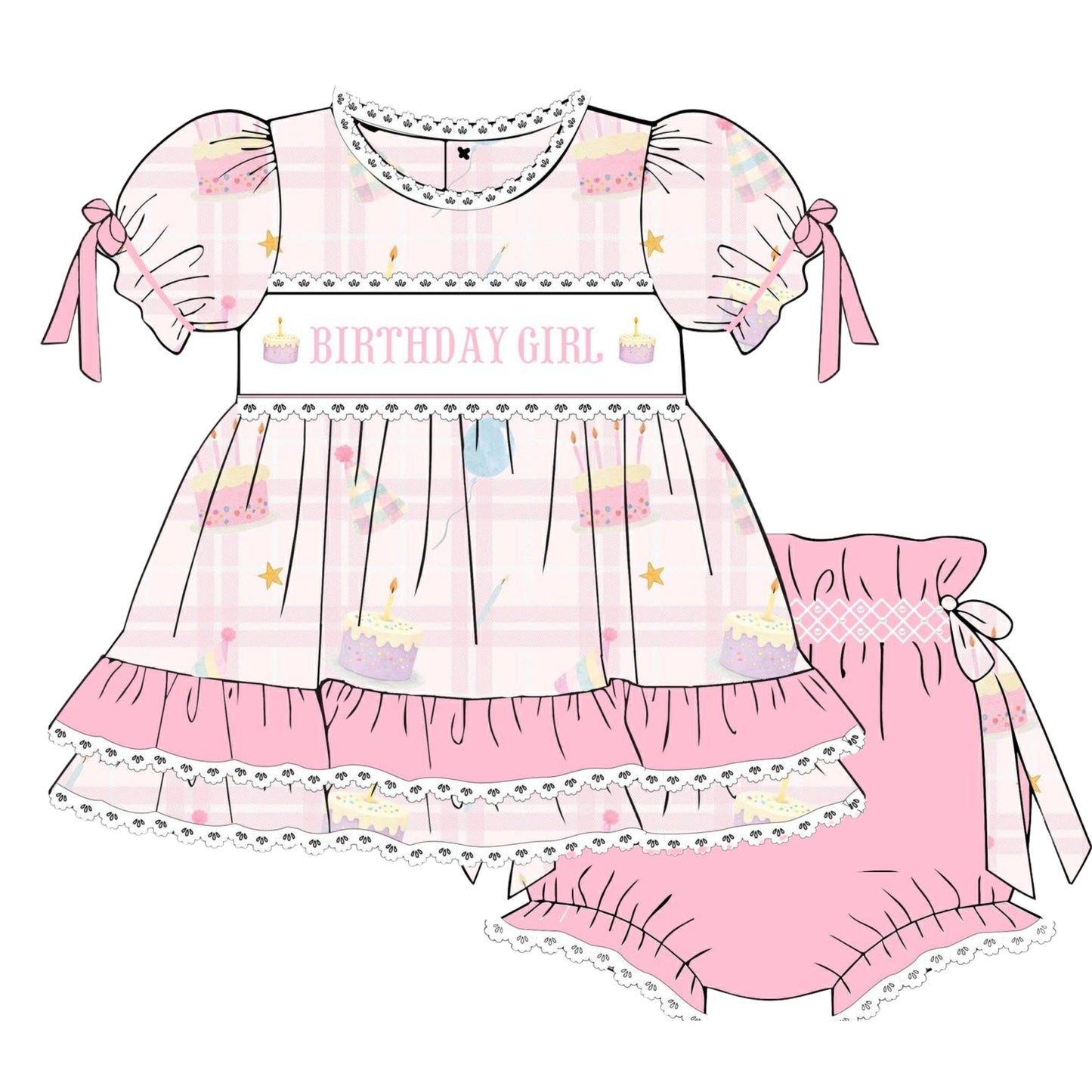 Pink 'Birthday Girl' dress with ruffles and matching bloomers on a white background