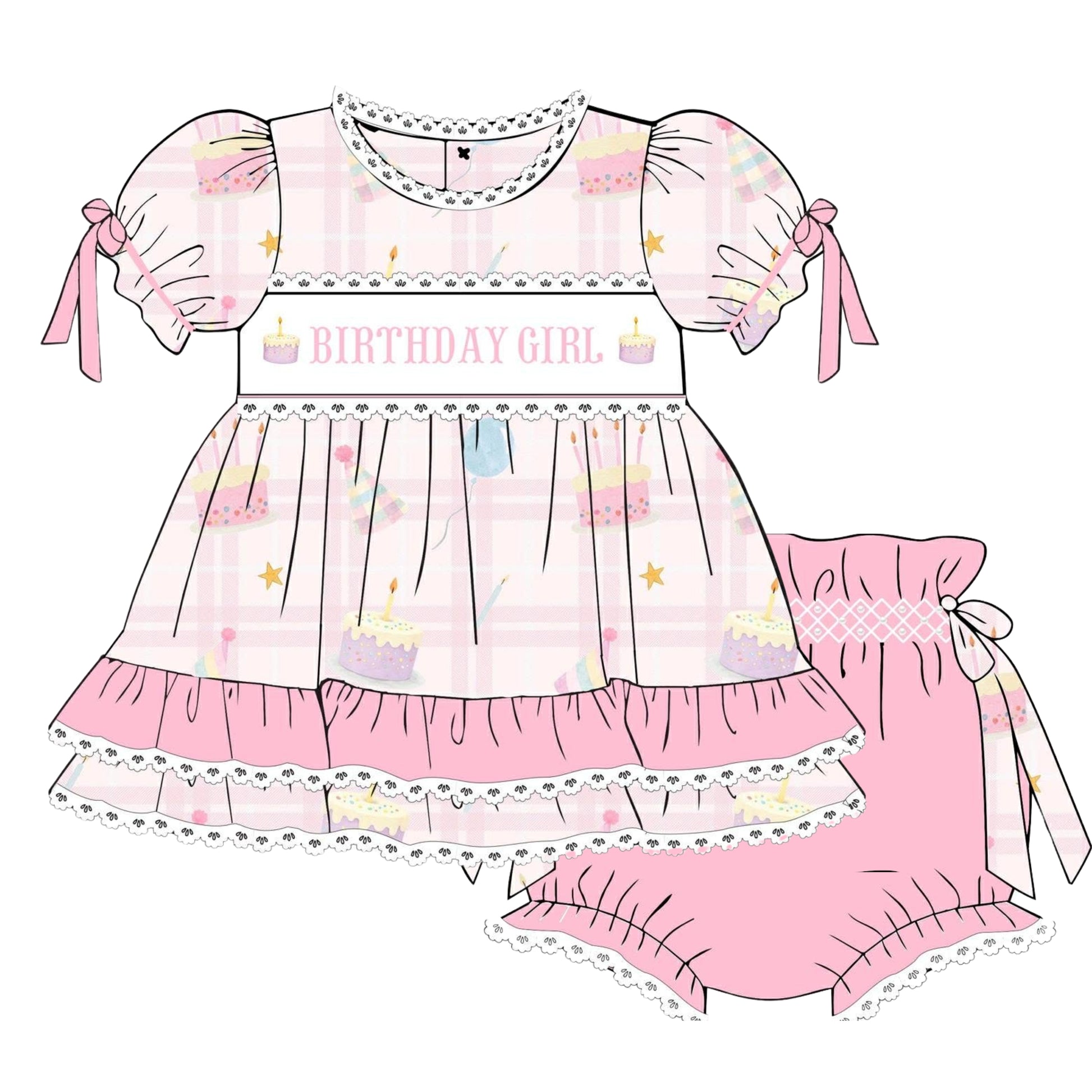 Pink 'Birthday Girl' dress with ruffles and matching bloomers on a white background