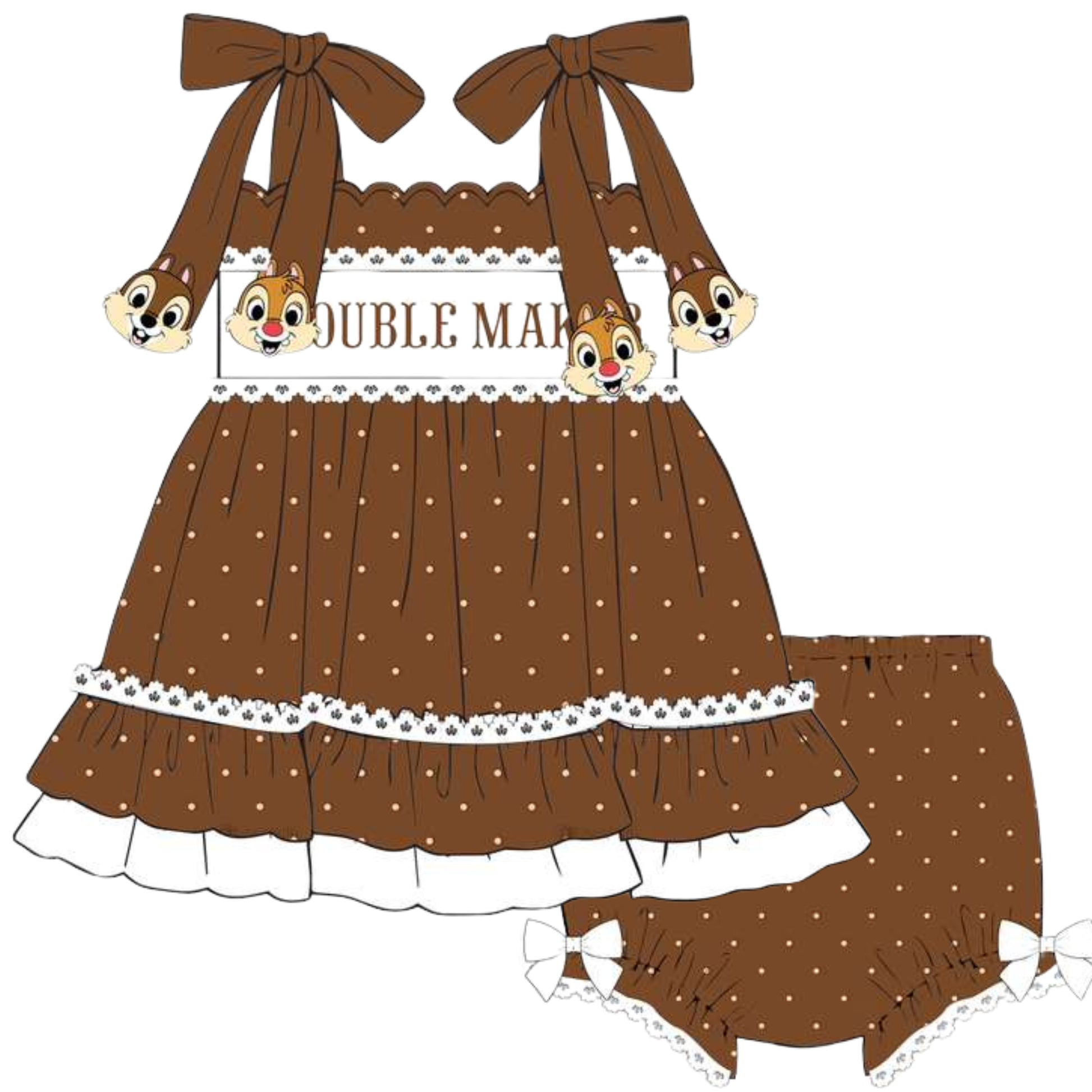 Brown polka dot dress with matching bloomers and headbands on a white background