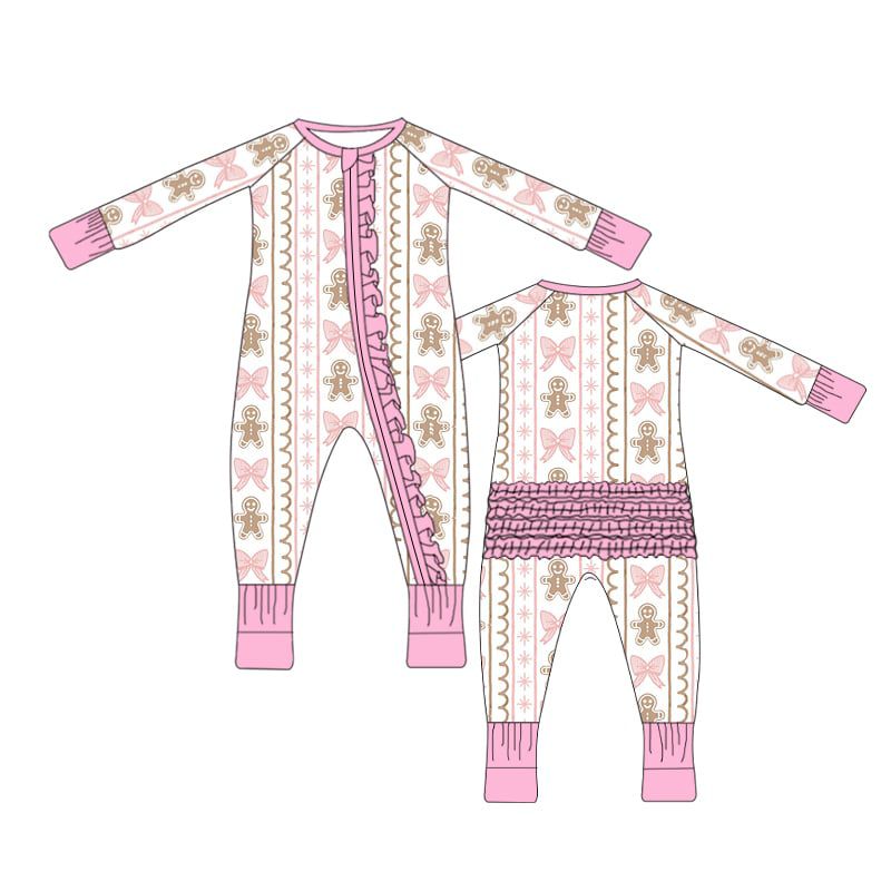 Children's onesie with pink and white pattern on a white background