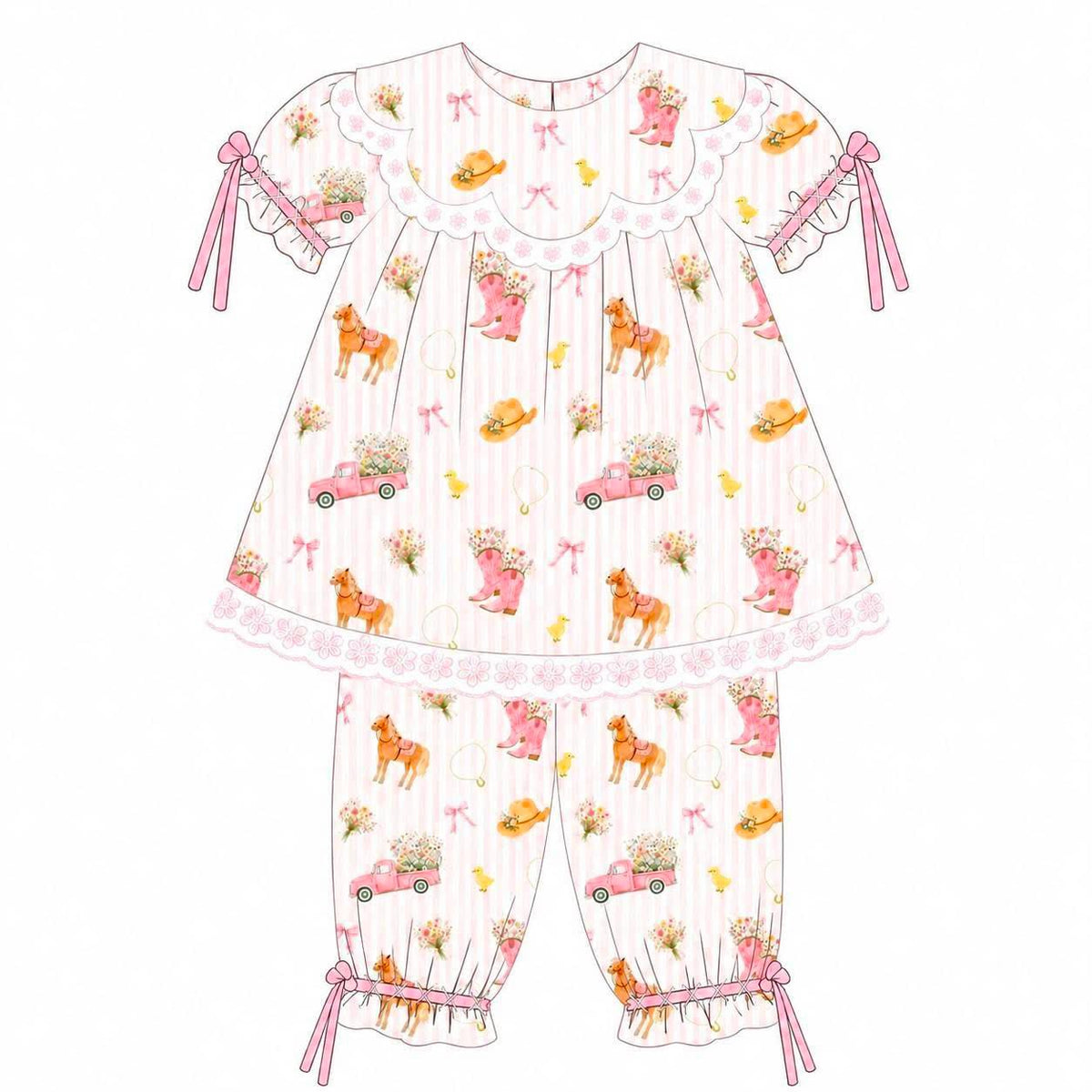 Children's pajama set with horse and car pattern on a white background